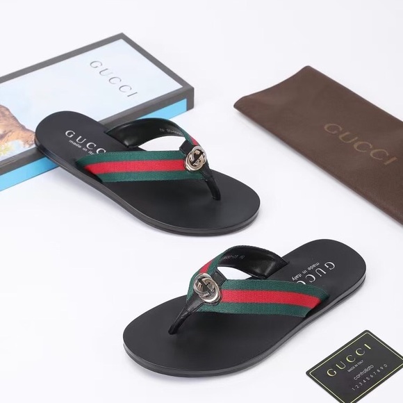 Gucci Black Sandals with Green and Red Straps - Picture 1 of 6